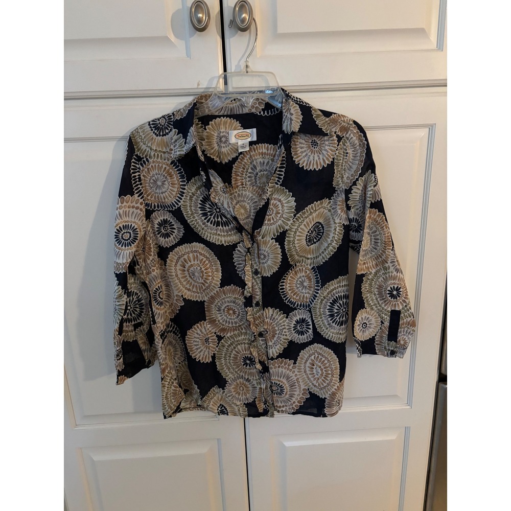 Talbots Womens Medium Navy Blue Tan Floral Sunburst 3/4 Sleeve Button Up Blouse
